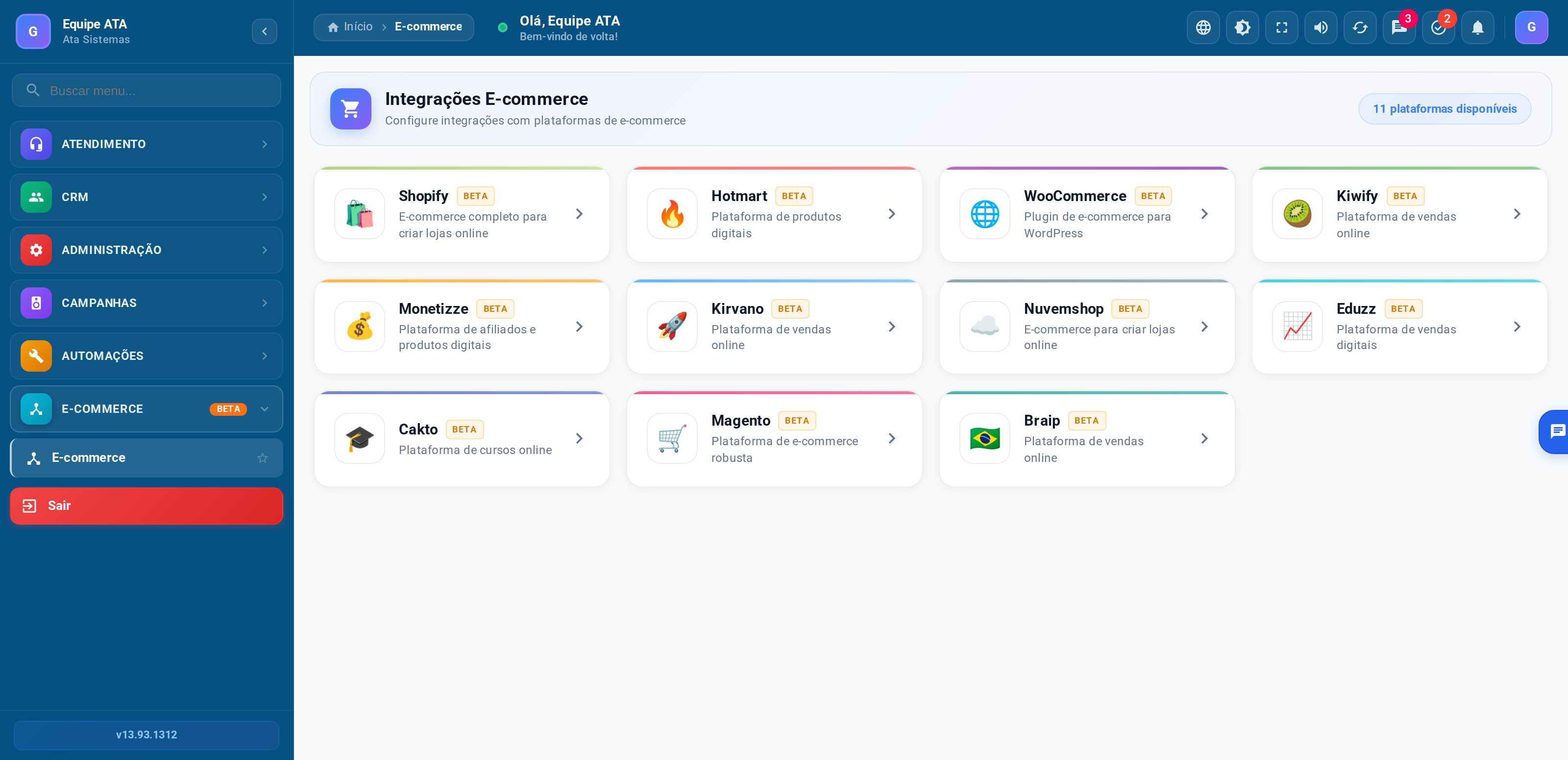 Tela do ATA CRM para integrações com plataformas de e-commerce